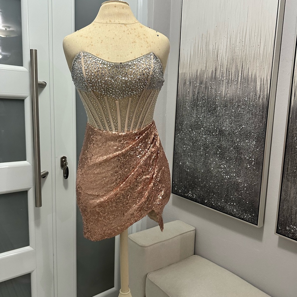 2x$60- Strapless Beaded Corset Top with Rose Gold Sequin Skirt